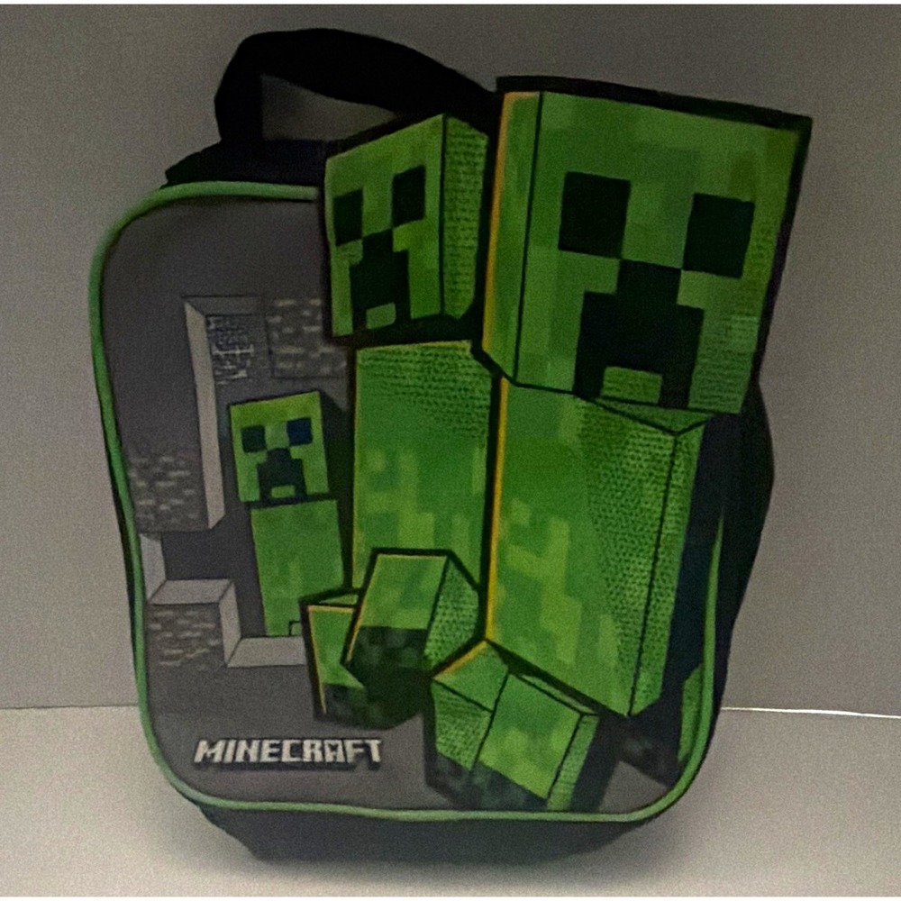 Minecraft Creeper Insulated Lunch Bag Green Black Gray Polyester School Travel